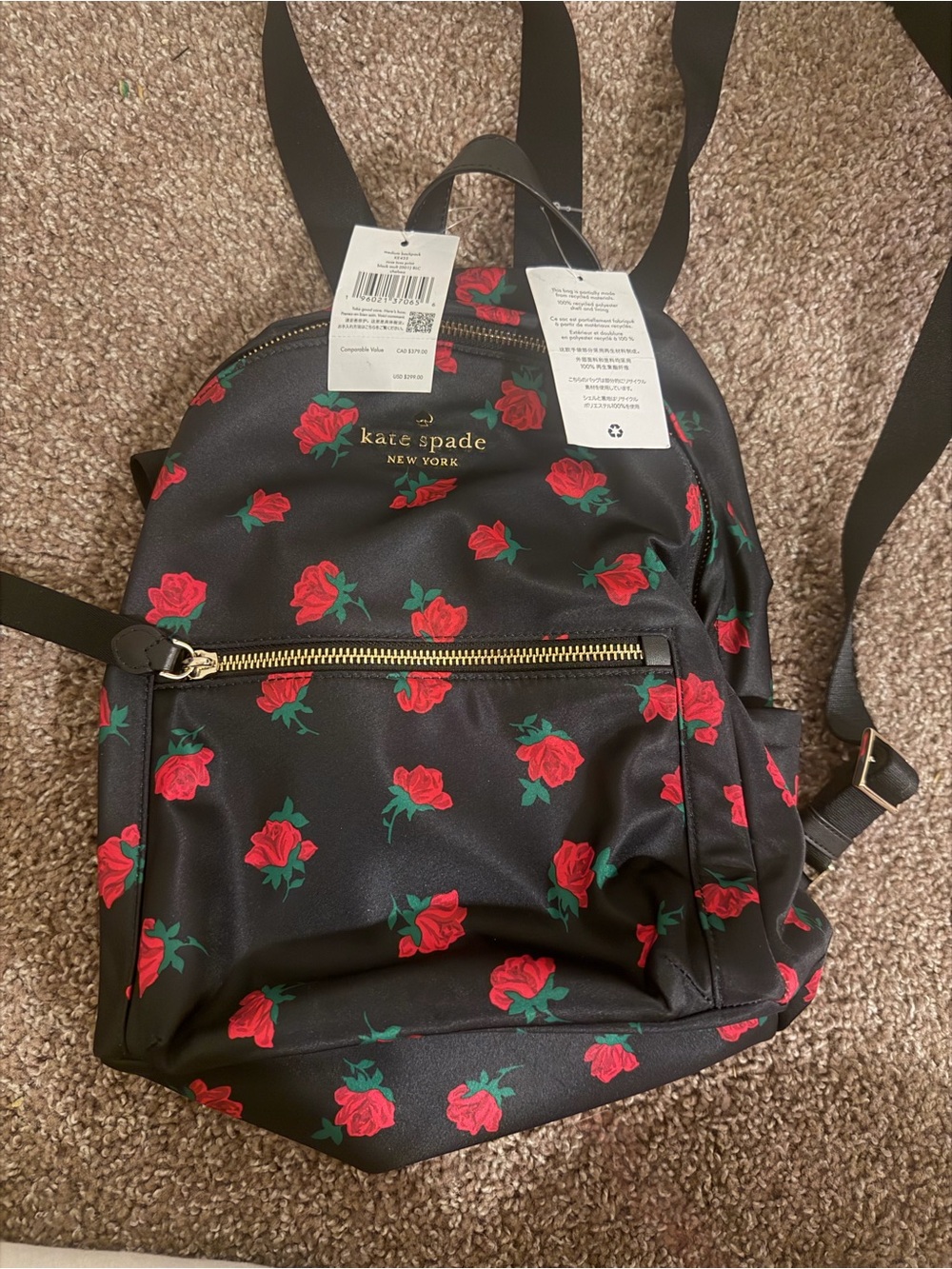 kate spade Black Backpack with Red Rose Print